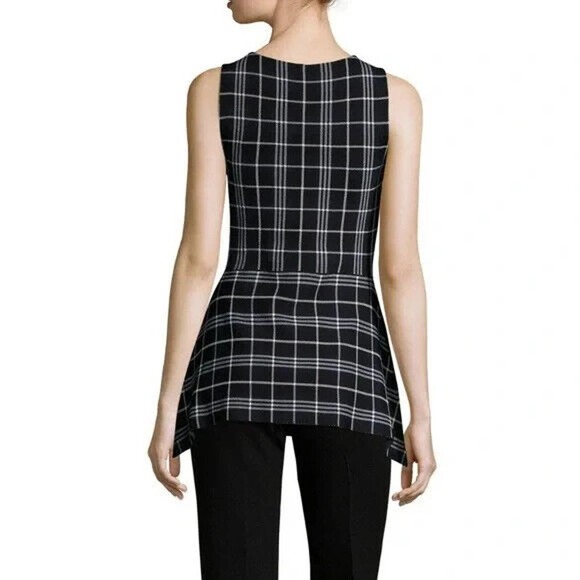 Theory Kalora Lustrate Peplum Top Plaid Navy Blue White Sleeveless Crew … - Picture 5 of 8